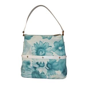 St John Shoulder Bag Womens Blue White Floral Canvas Leather Purse Made‎ Italy